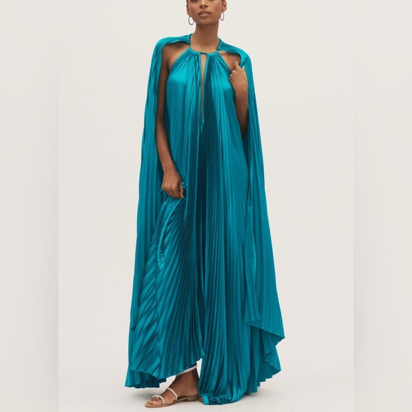 L’IDEE Boheme gown pleated maxi dress with cape in Jewel - Picture 5 of 16